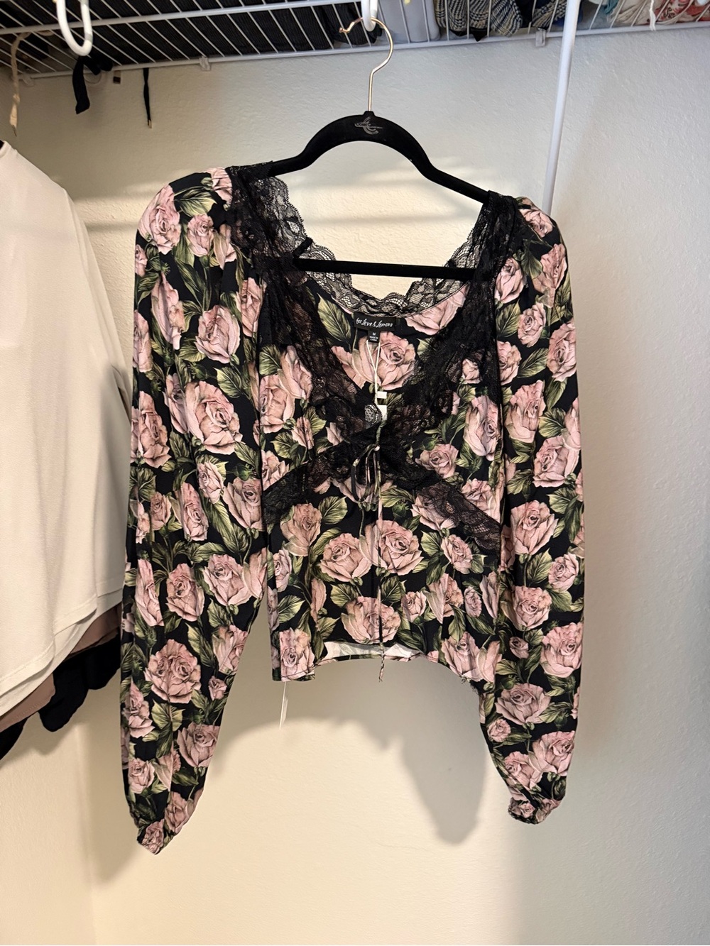 For Love And Lemons Black Blouse with Pink Rose Print and Lace Trim Tie Front